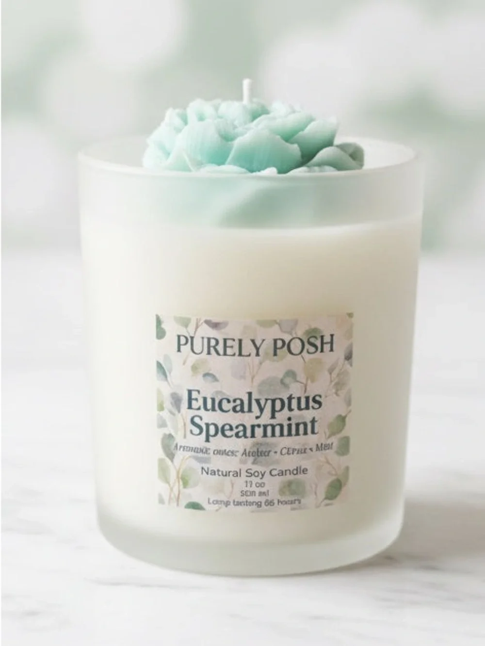 Premium Eucalyptus Spearmint Soy Candle - Mint Green Floral Top 10 oz